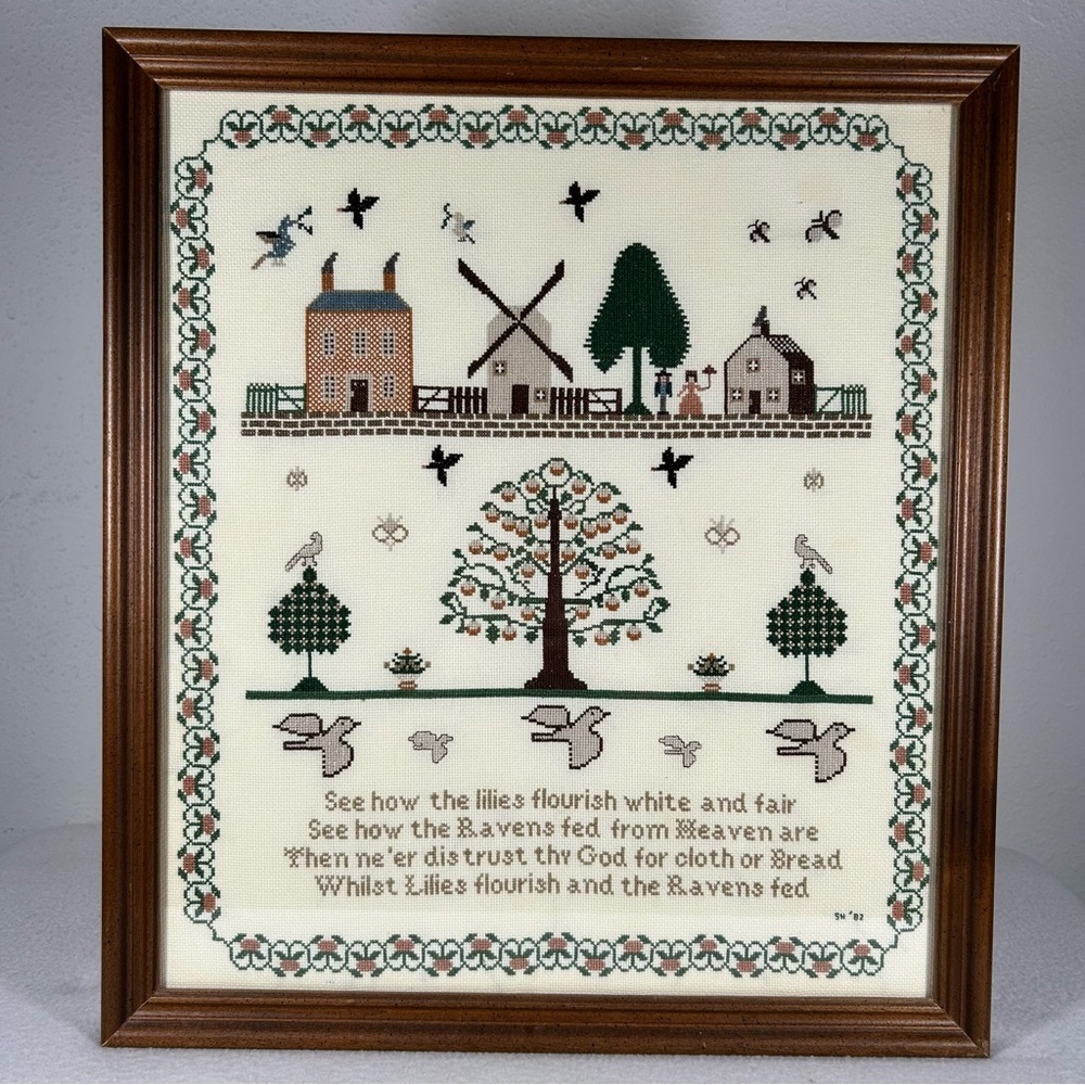 VTG Framed Cross Stitch Thanksgiving Blessing Sampler See How Lilies Flourish